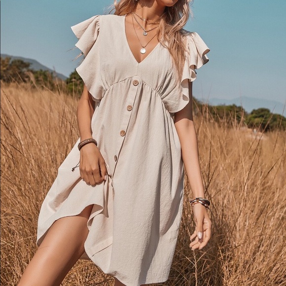 Vneck button detail boho ruffle sleeve beige dress - Picture 4 of 8